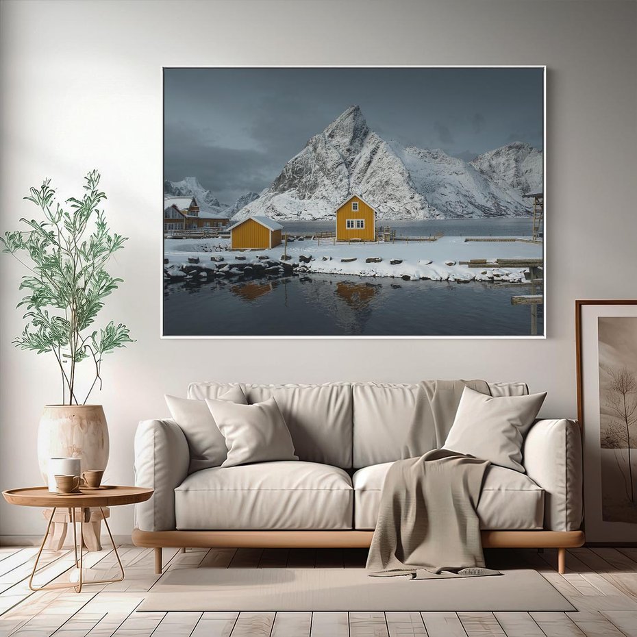 Obraz w ramie 120x80 - Minimalizm i Urok Natury - skandynawskie, domki - rama biała