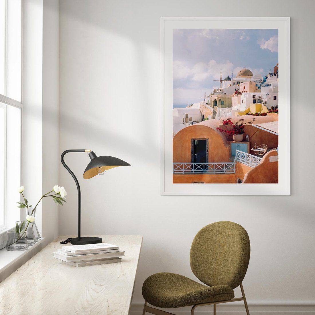 Plakat bez ramy 21x30 - Błękit Morza i Białe Domki - Santorini, wyspa