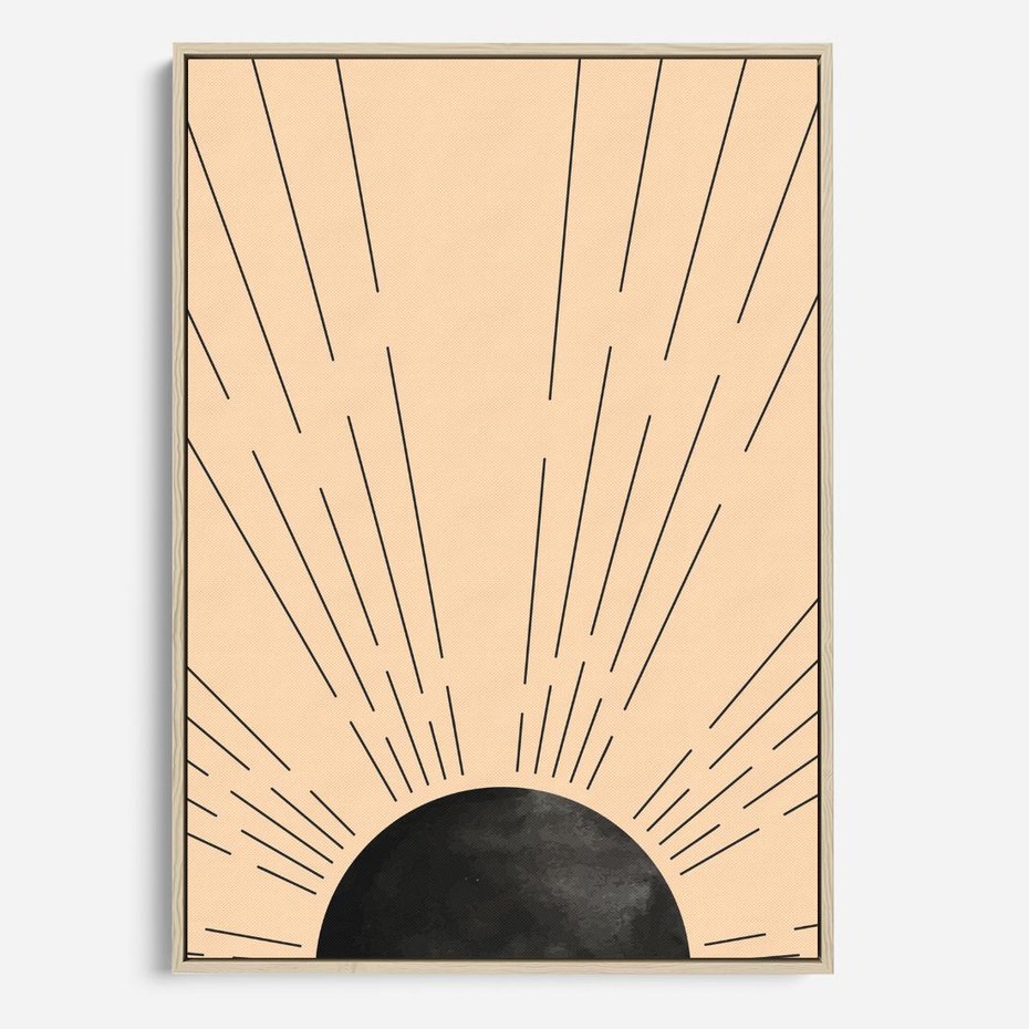 Obraz w ramie 50x70 - Migocące Kształty Promieni - boho czarne słońce, nowoczesna grafika - rama drewno