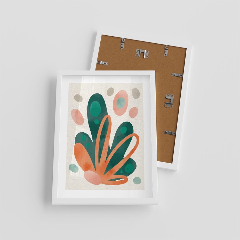 Plakat w ramie 30x40 - Harmonia bez Harmonii - akwarelowe abstrakcyjne kształty, zieleń i pomarańcz - rama biała