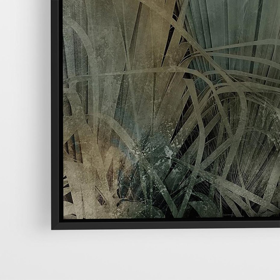 Obraz w ramie 70x50 - Światło w mroku duszy - liście traw, mroczny klimat - rama czarna