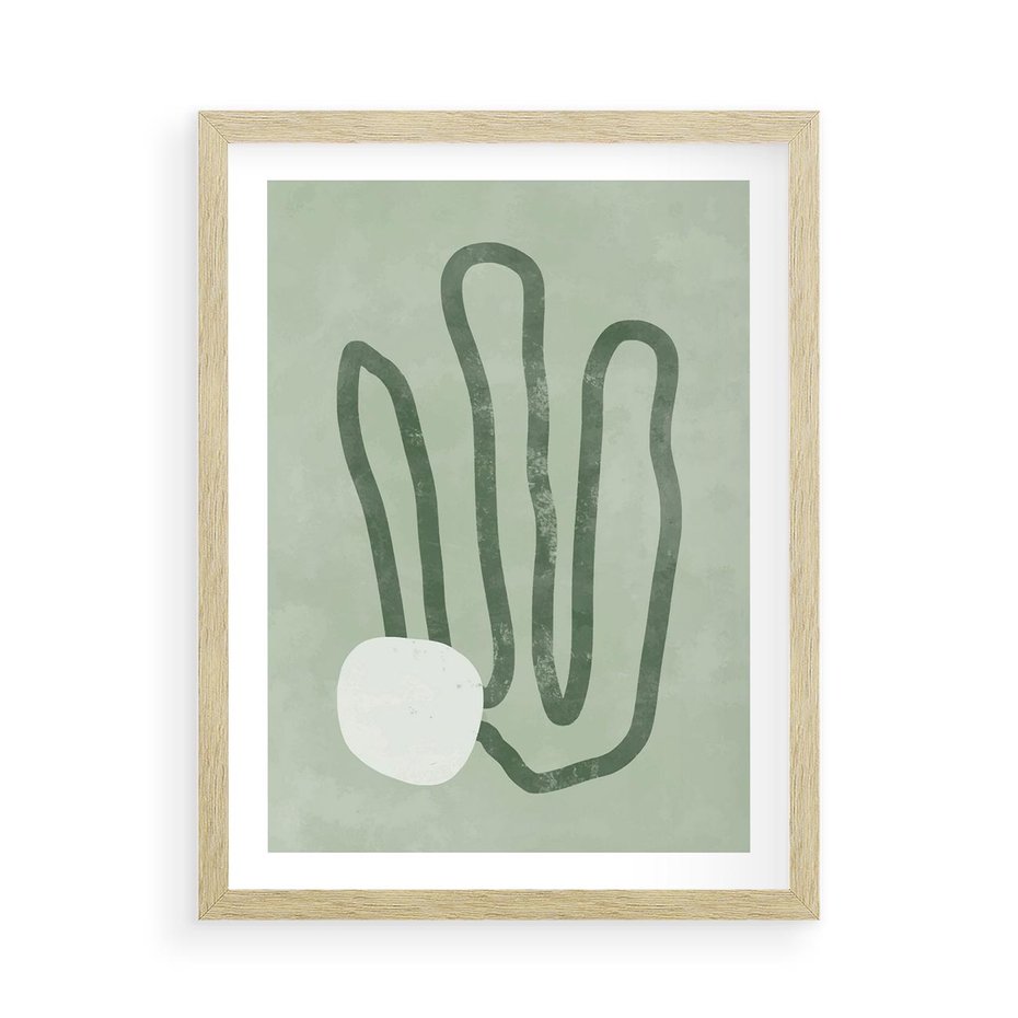 Plakat w ramie 50x70 - Spokojne Kształty Natury - zielona abstrakcja, zgaszona zieleń - rama drewno
