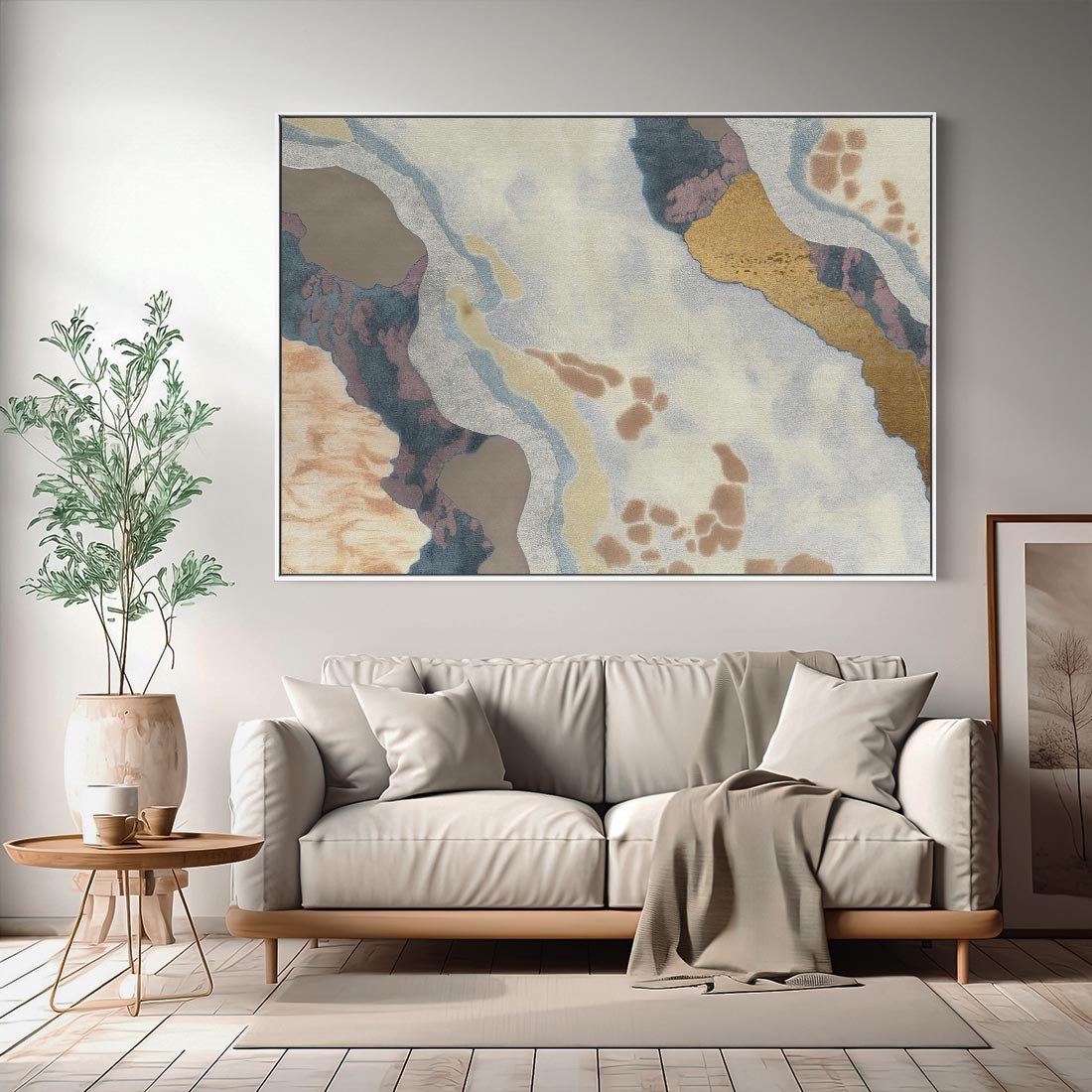 Obraz w ramie 100x70 - Melancholijne oddechy pędzla - abstrakcyjne formy, zgaszone kolory - rama biała