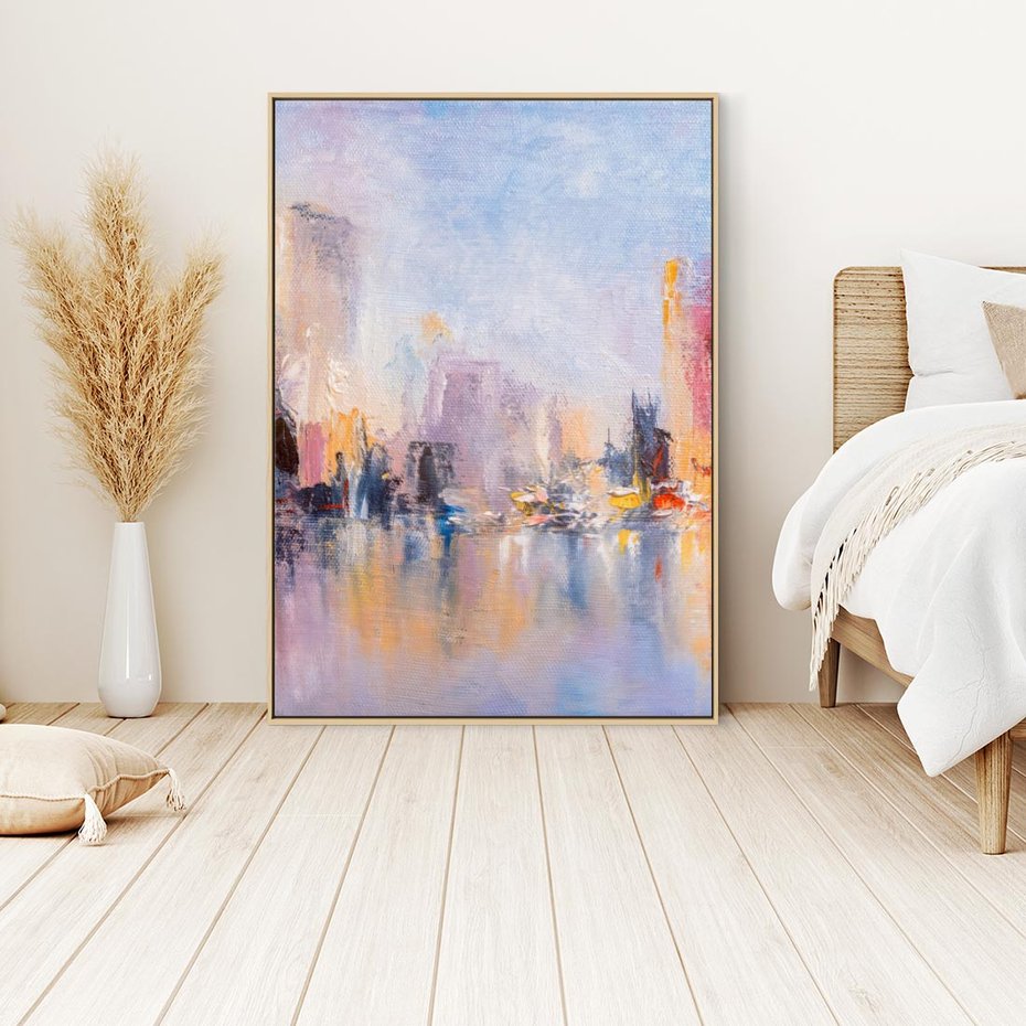 Obraz w ramie 70x100 - Miasto Refleksji - olejna panorama miasta w oddali, wiezowce odbijają się w rzece - rama drewno