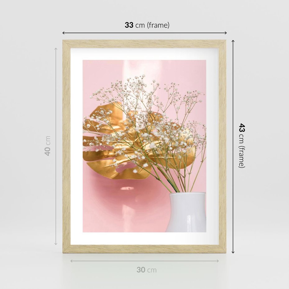 Plakat w ramie 30x40 - Złoty Akcent - złoty liść montery, gipsówka - rama drewno
