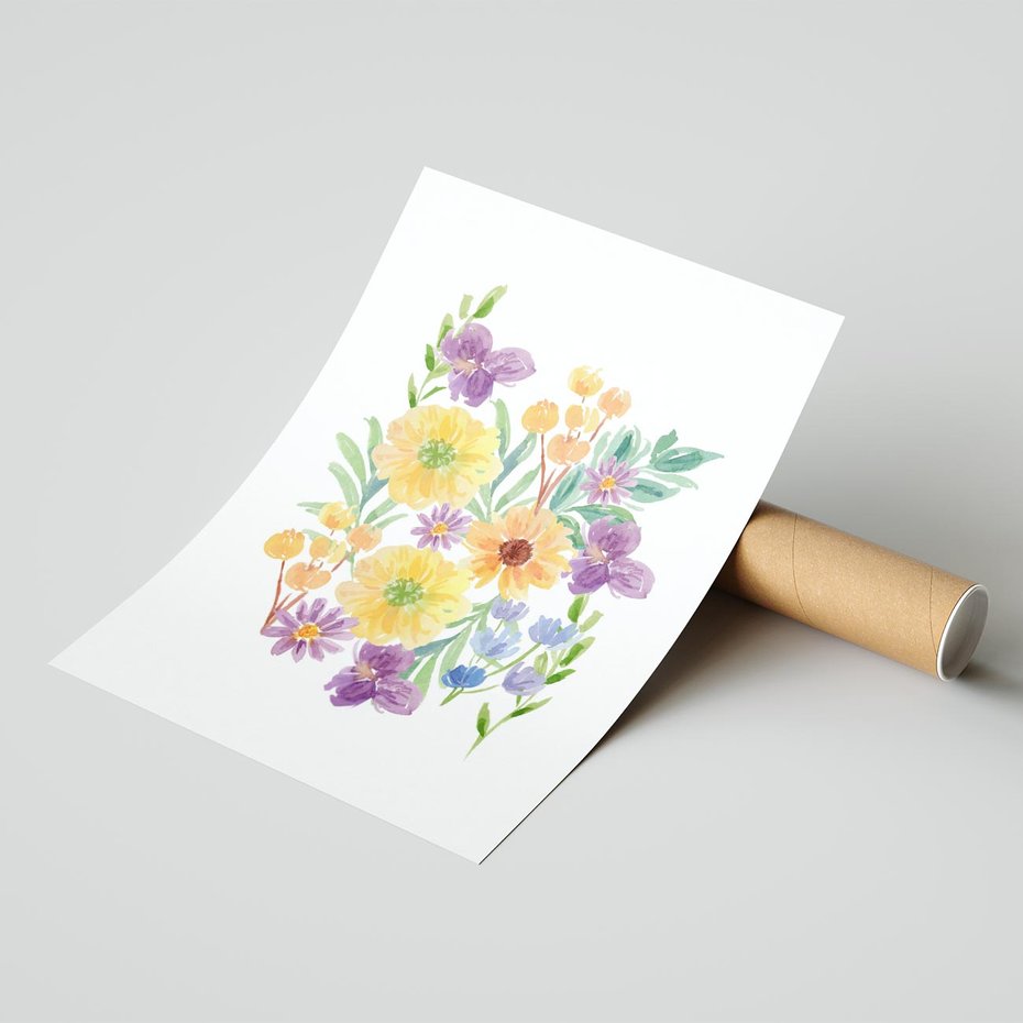 Plakat bez ramy 21x30 - Kwiatowe Wibracje - akwarelowe polne kwiaty, minimalistyczny plakat