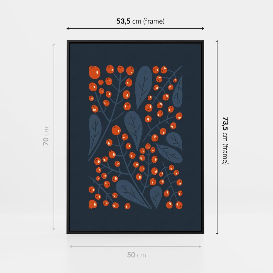 Obraz w ramie 50x70 - Symfonia liści i owoców - granatowe tło, pomarańczowe owoce jarzębiny - rama czarna