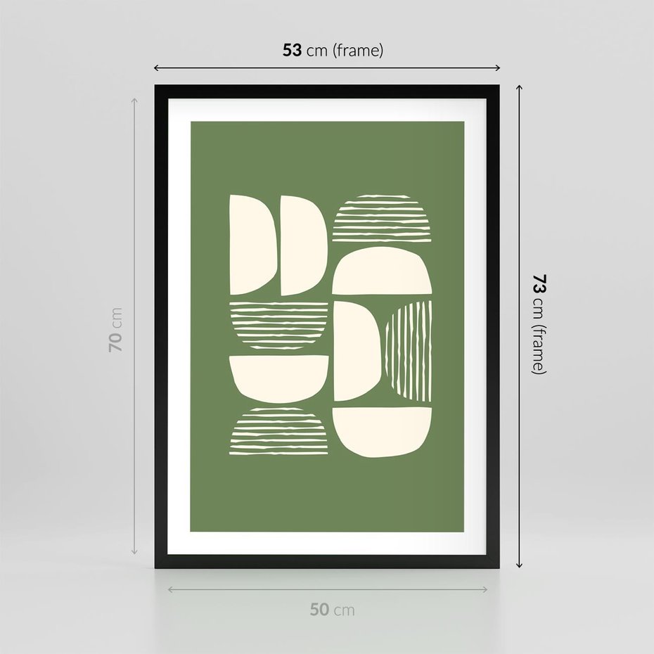 Plakat w ramie 50x70 - Migotliwe Formy - geometryczne boho kształty na brązowym, oliwkowym tle - rama czarna