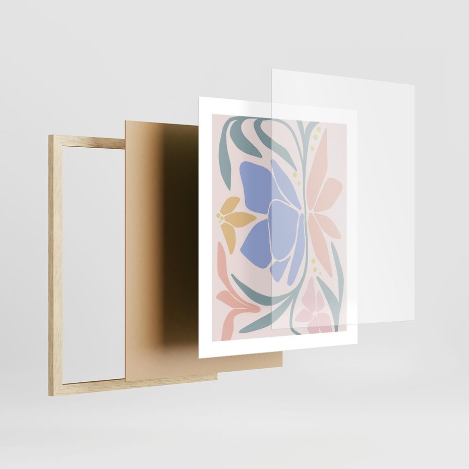 Plakat w ramie 40x50 - Pastele Kwiatowych Plam - pastelowe kwiaty, na beżowym tle - rama drewno