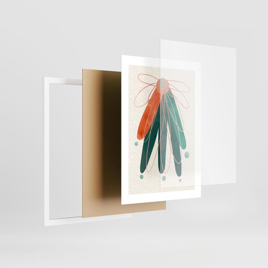 Plakat w ramie 30x40 - Energetyczna Harmonia Kwiatów - akwarelowe abstrakcyjne kształty, zieleń i pomarańcz - rama biała