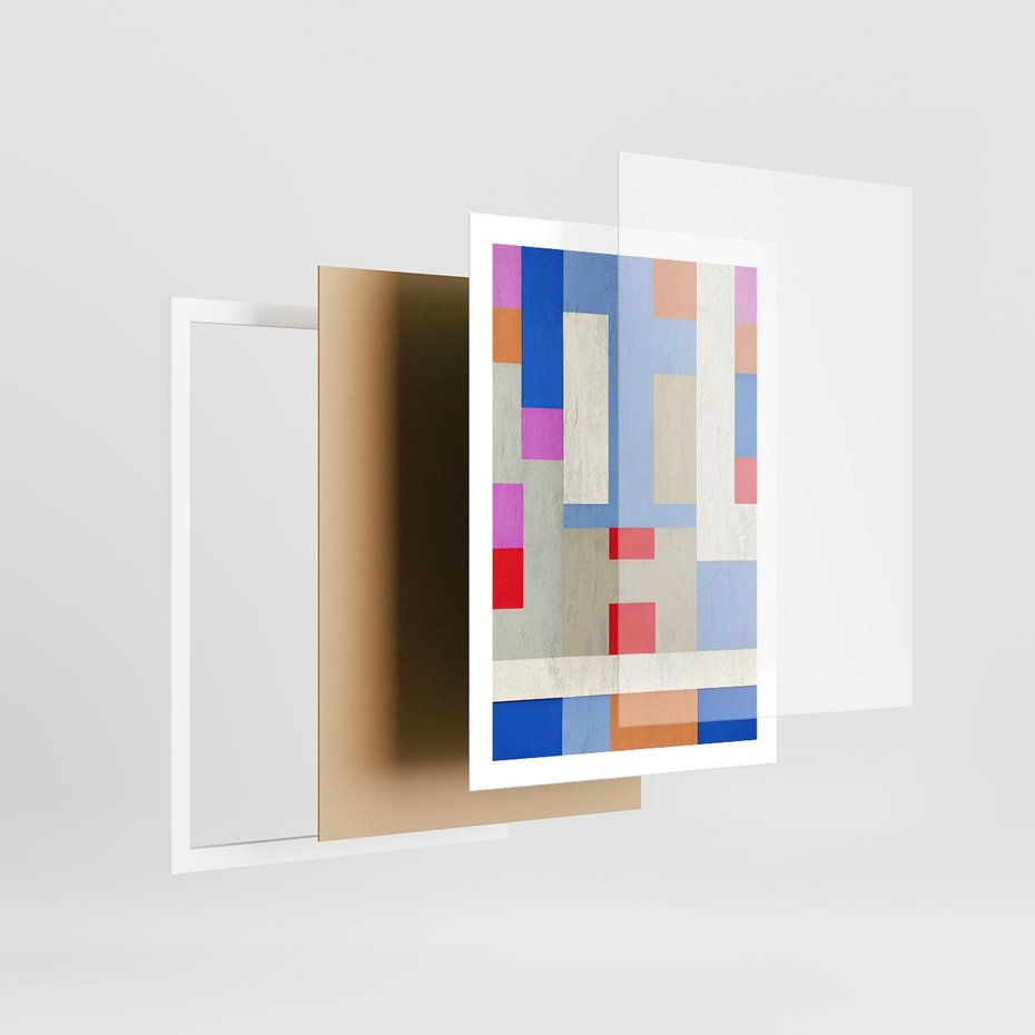 Plakat w ramie 50x70 - Bezczasowe Przenikanie Kształtów - abstrakcyjne geometryczne kształty, olejny obraz - rama biała