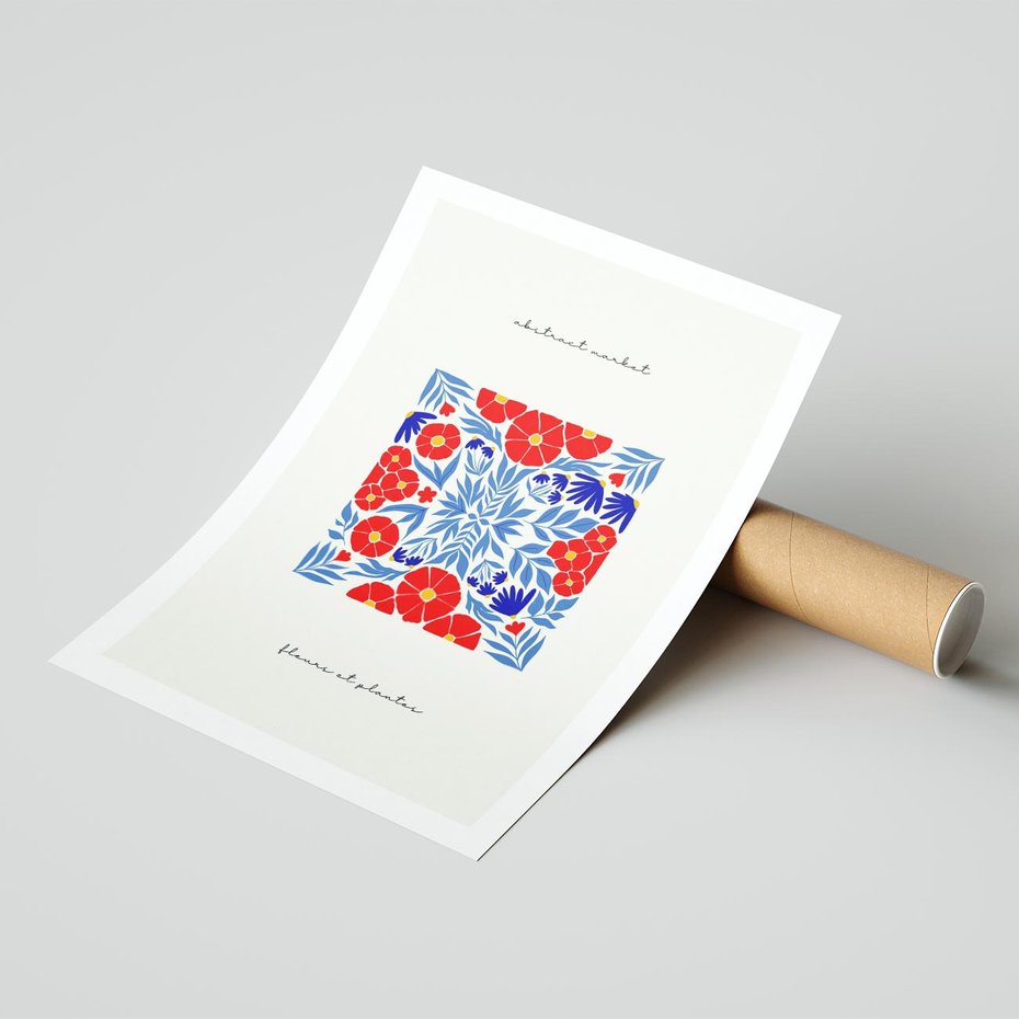 Plakat bez ramy 30x40 - Tajemnicza Droga - nowoczesna kwiatowa kompozycja, czerwony i niebieski