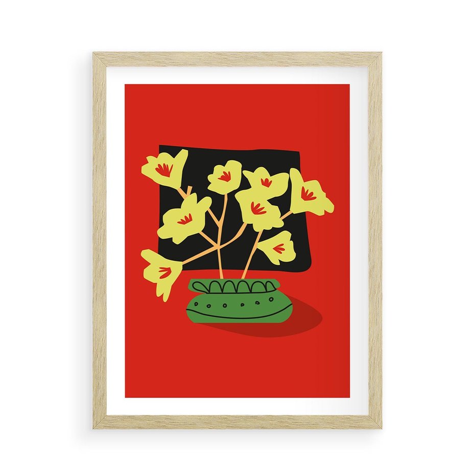 Plakat w ramie 50x70 - Abstrakcyjne Przenikanie - abstrakcyjne kwiaty, czerwone tło - rama drewno