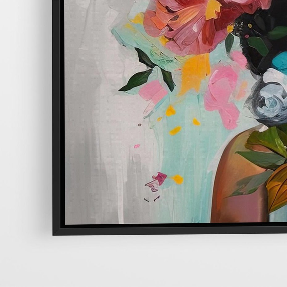 Obraz w ramie 70x50 - Z Głową w Kwiatach - obraz olejny, sztuka nowoczesna - rama czarna