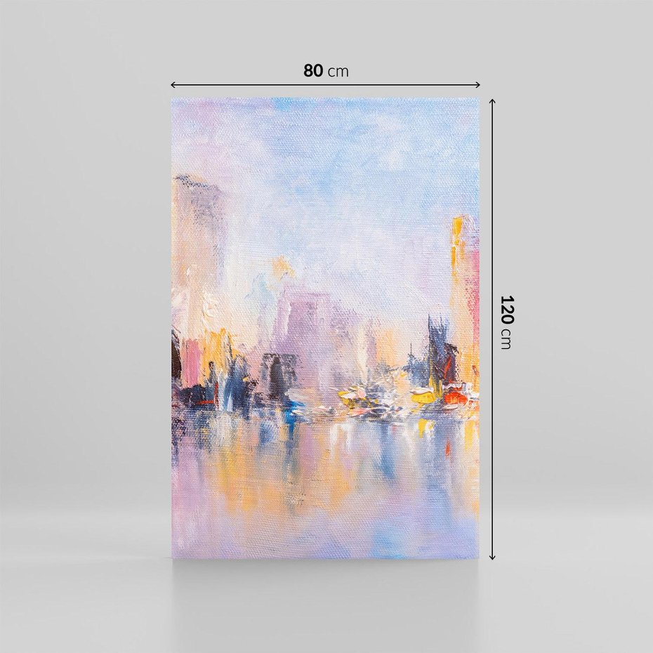 Obraz na płótnie 80x120 - Miasto Refleksji - olejna panorama miasta w oddali, wiezowce odbijają się w rzece