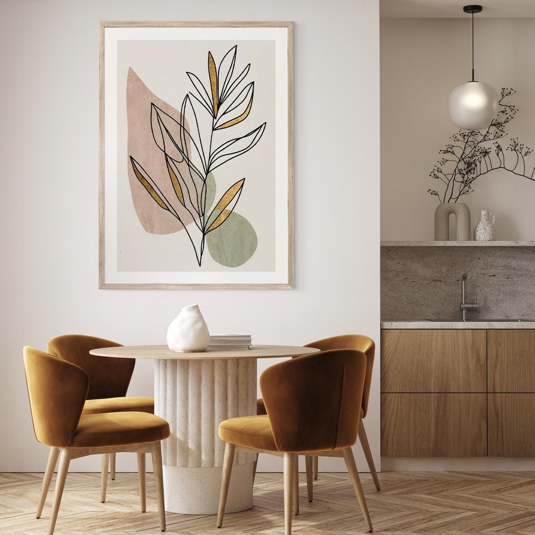 Plakat w ramie 50x70 - Impulsy Subtelnej Harmonii - abstrakcyjny obraz boho, liście - rama drewno