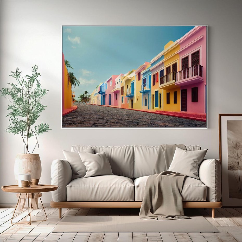 Obraz w ramie 70x50 - Ekspresja marzeń i tęsknot - pastelowe kolorowe budynki, wzdłuż ulicy - rama biała
