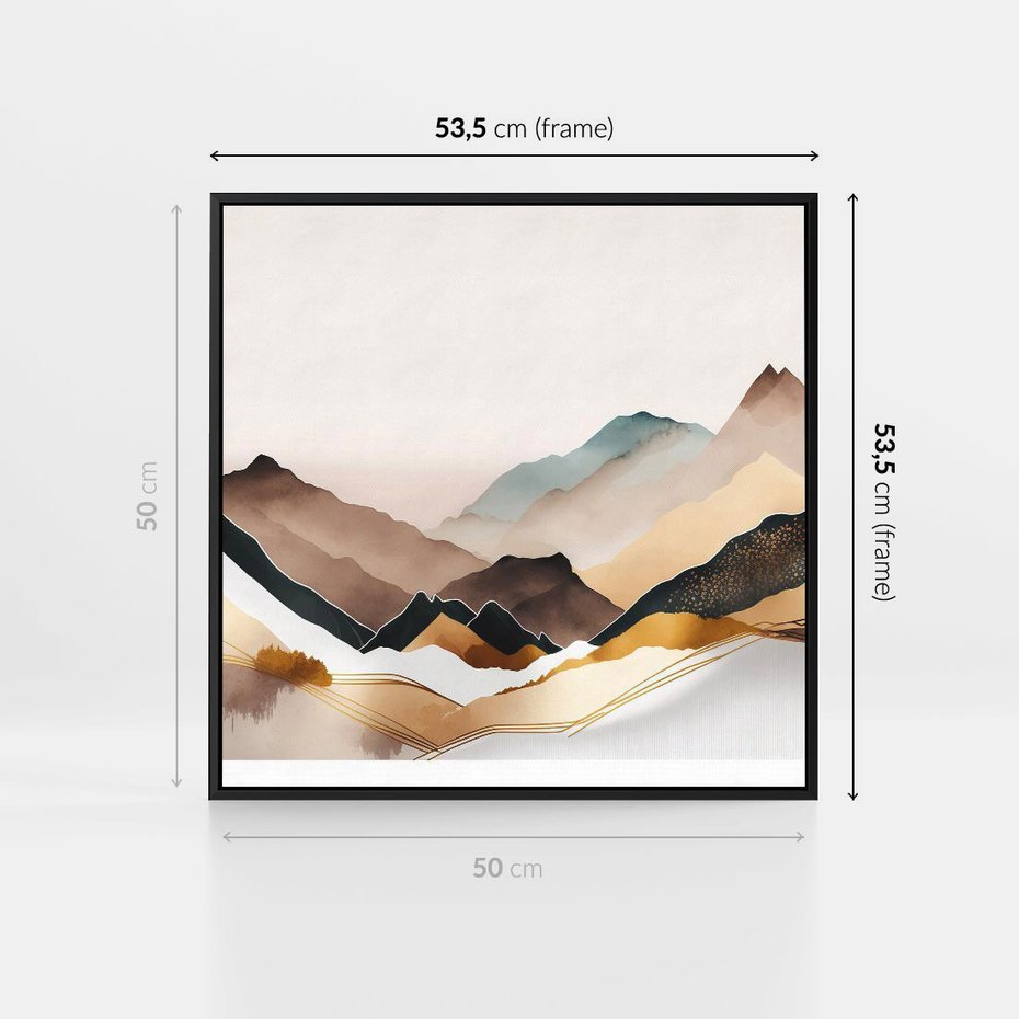 Obraz w ramie 50x50 - Góry Tonące w Pastelach - złote pastelowe góry, akwarela - rama czarna