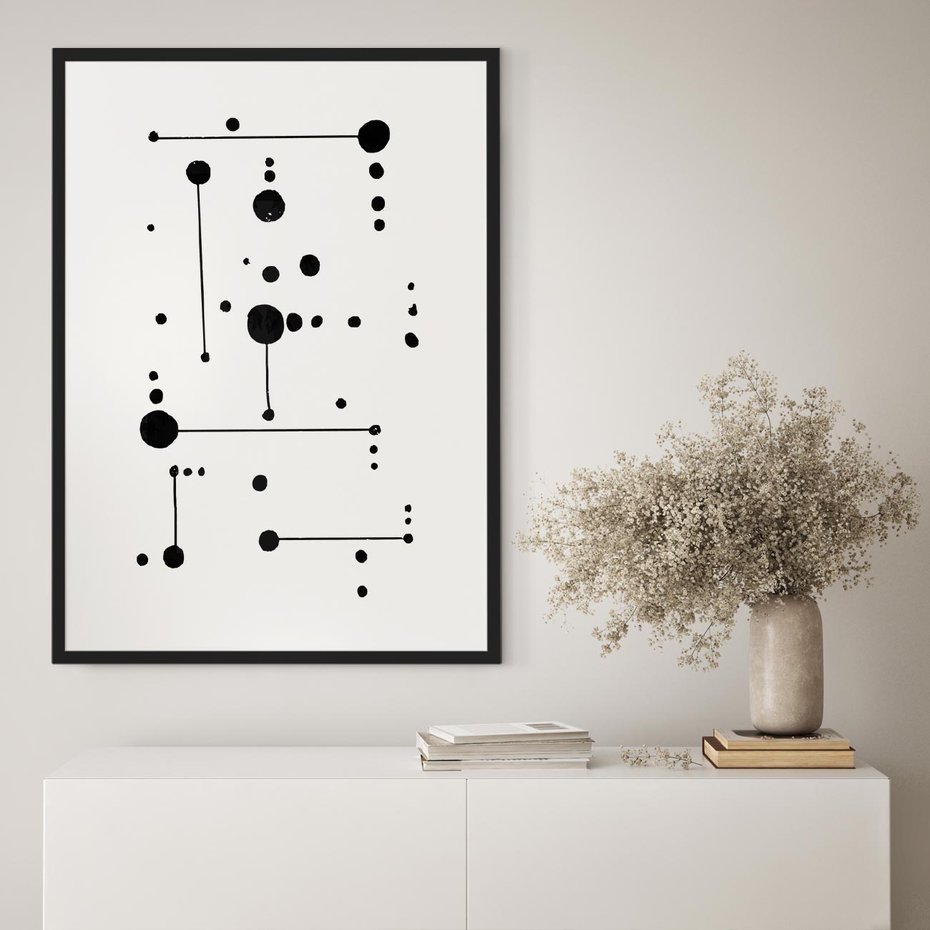 Plakat bez ramy 30x40 - Nocne Zawirowania - abstrakcyjny plakat, czarne kropki i kreski