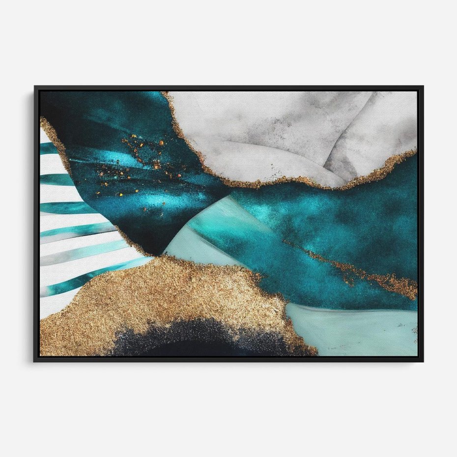Obraz w ramie 100x70 - Rozlane Turkusy - Turkusowe plamy, złote elementy - rama czarna