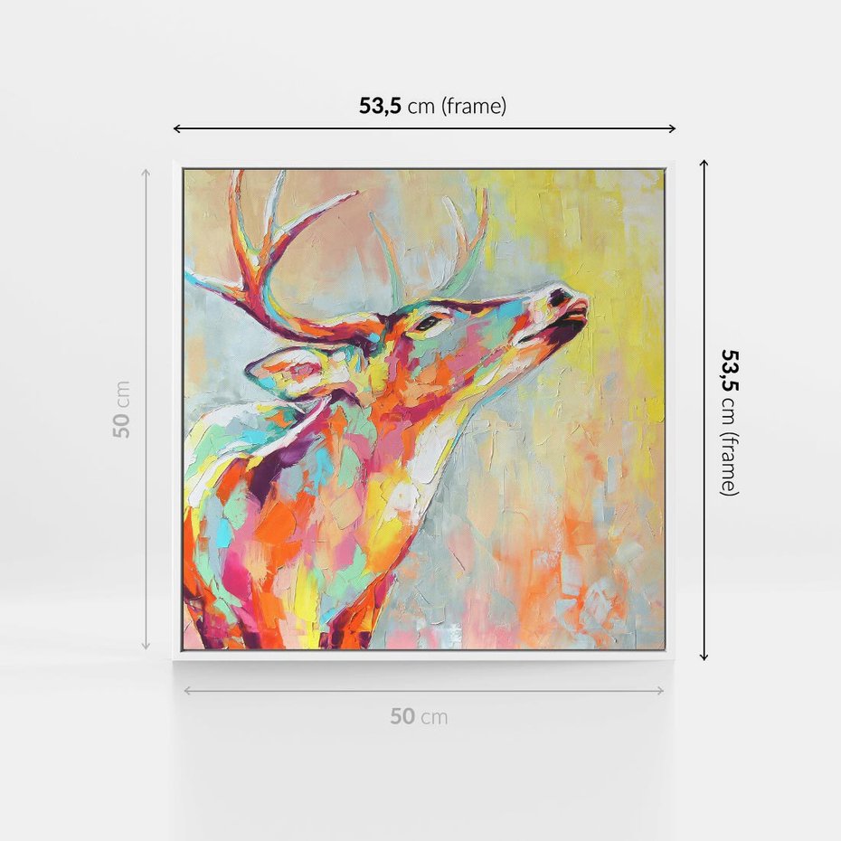 Obraz w ramie 50x50 - Impresje snów malarza - kolorowy olejny obraz, jeleń ryczący na rykowisku - rama biała