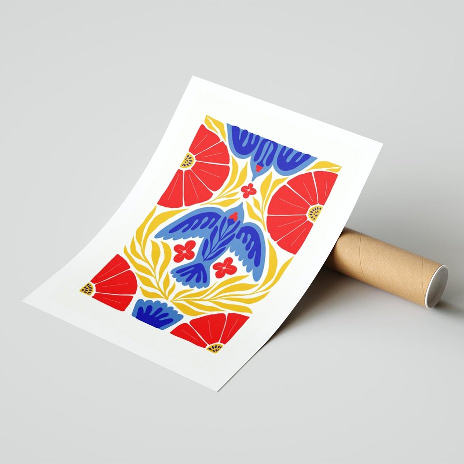 Plakat bez ramy 50x70 - Eklektyczny Majestat - wyrazista grafika, mocne kolory czerwień niebieski żółty