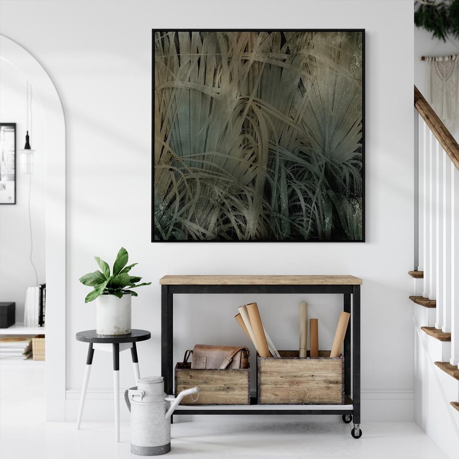 Obraz w ramie 50x50 - Światło w mroku duszy - liście traw, mroczny klimat - rama czarna