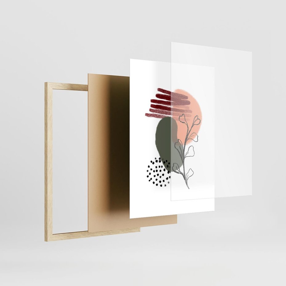 Plakat w ramie 50x70 - Przenikające Widzenia - abstrakcyjna sztuka, liście - rama drewno