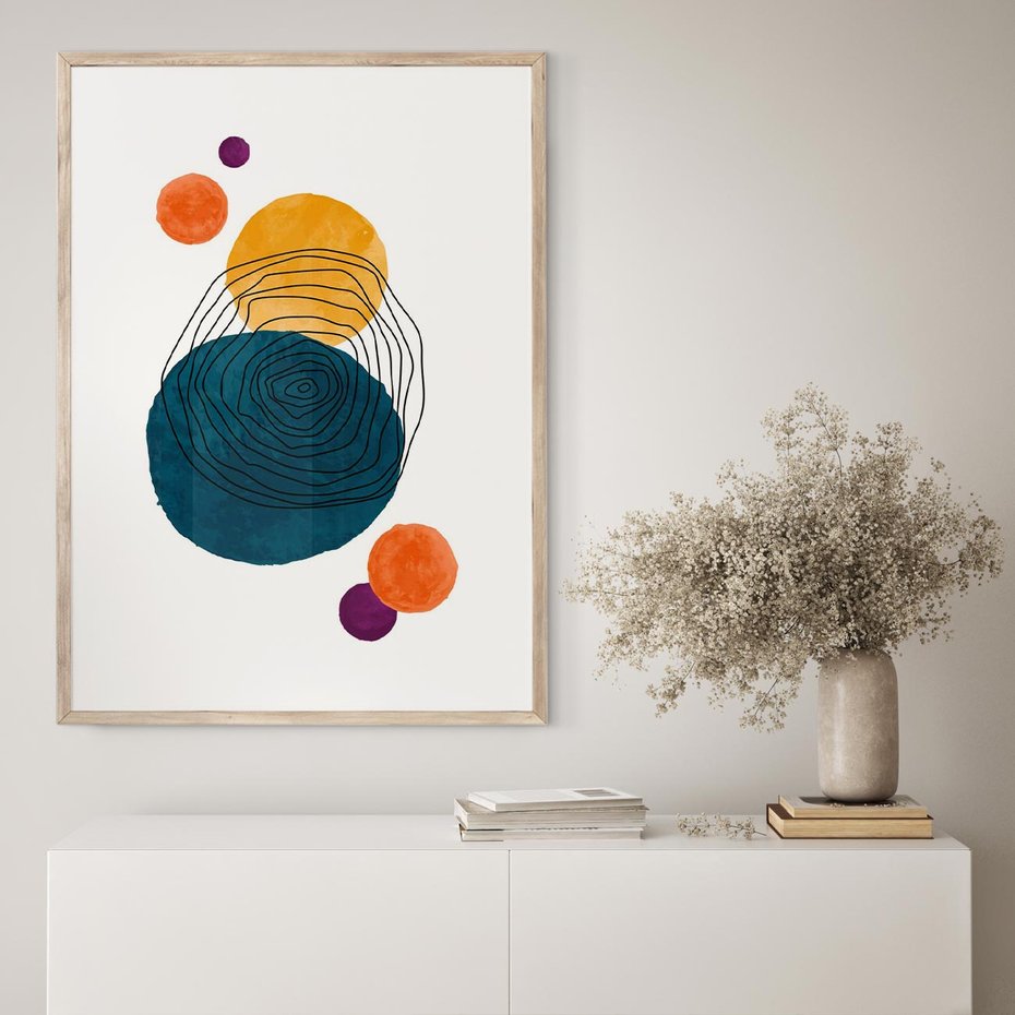 Plakat w ramie 30x40 - Kolorowe Plam z Czarnymi Liniami - kolorowe plamy, szkic - rama drewno