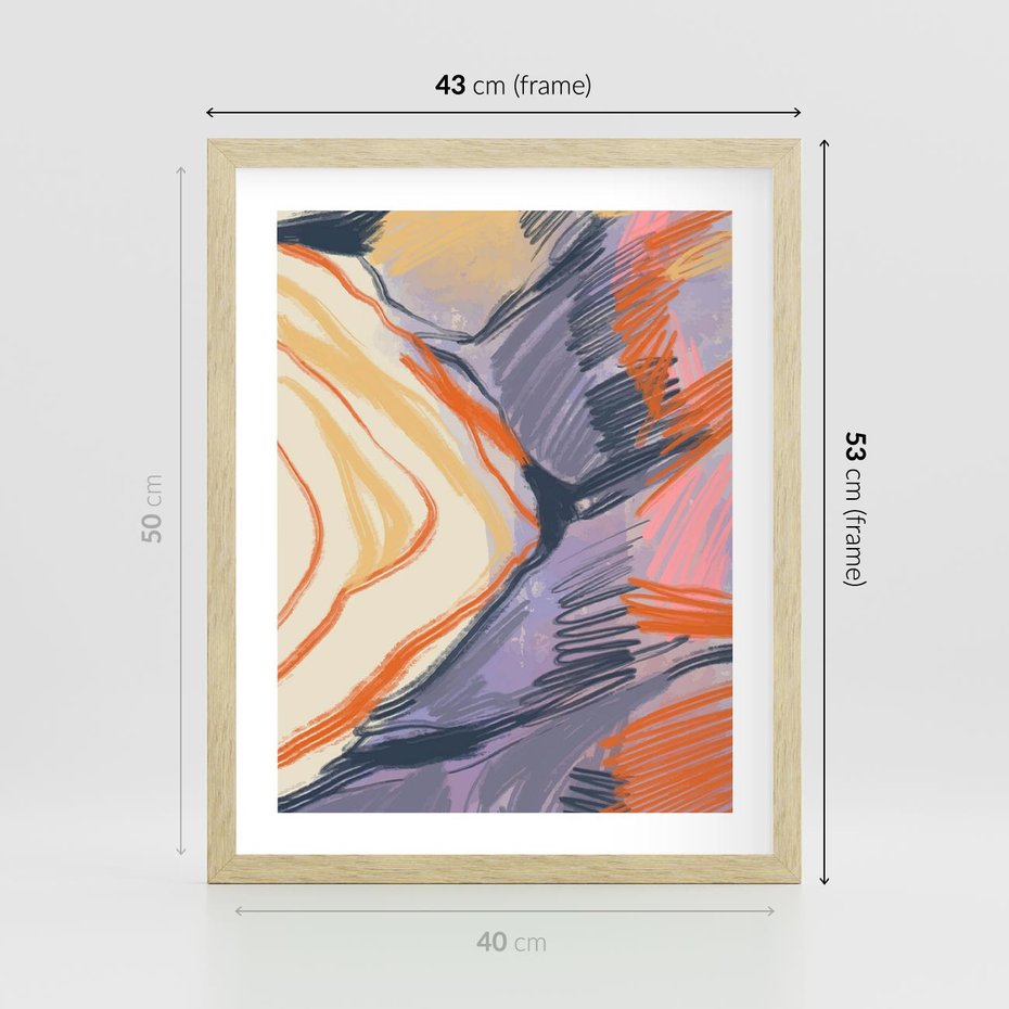 Plakat w ramie 40x50 - Pokreślony Świat - abstrakcyjne formy, odcienie pomarańczu i fioletu - rama drewno
