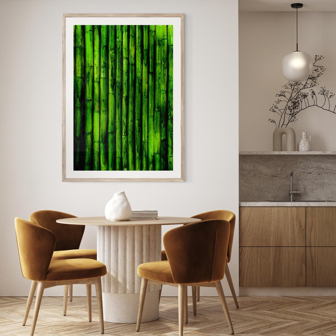 Plakat w ramie 40x50 - Bambusowy urok zielonej harmonii - bambus, zieleń - rama drewno