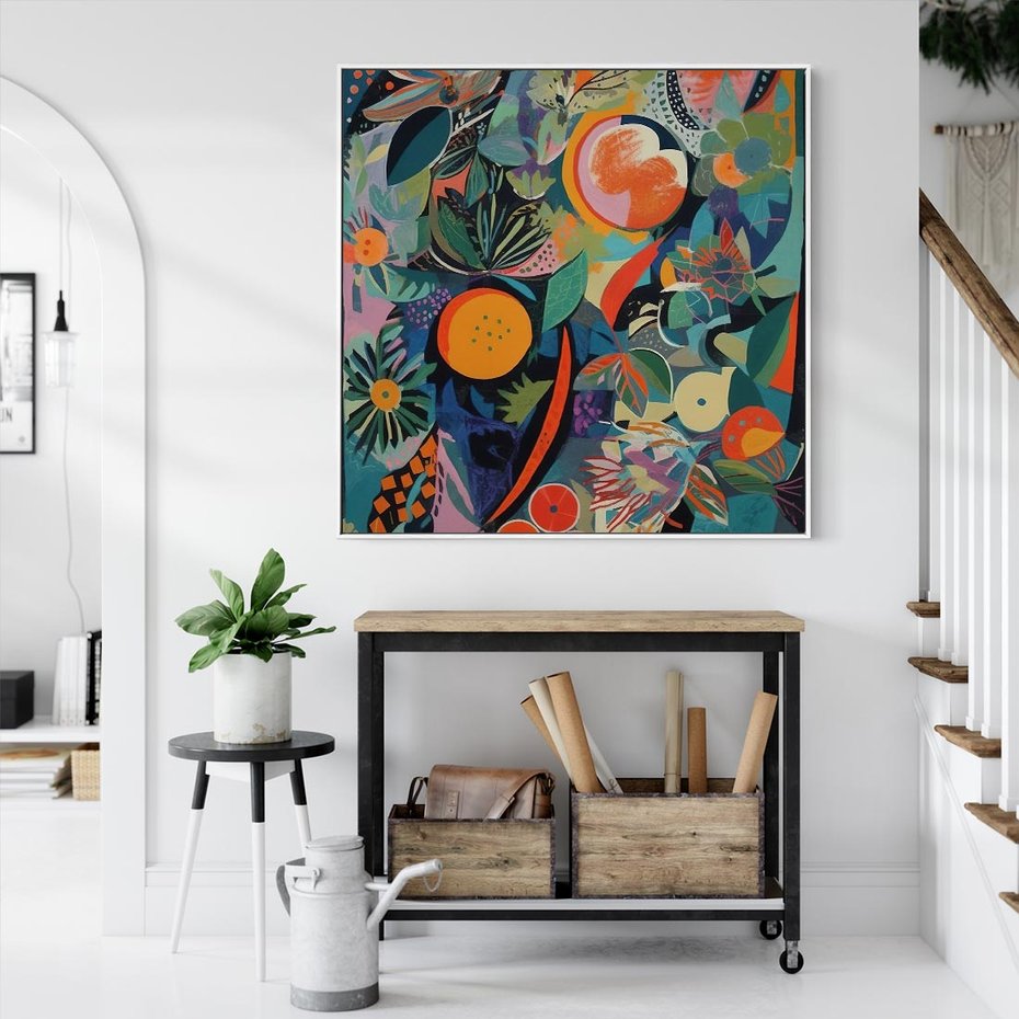 Obraz w ramie 80x80 - Echa Nietuzinkowych Wzorców - abstrakcyjny obraz olejny, jak picasso - rama biała