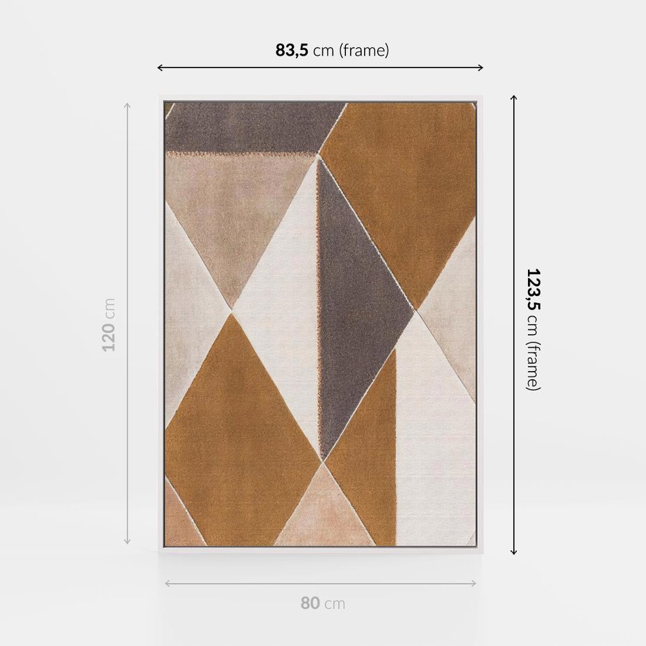 Obraz w ramie 80x120 - Odblaski niespełnionych marzeń - kompozycja z trójkątów, mix kolorów ziemi - rama biała