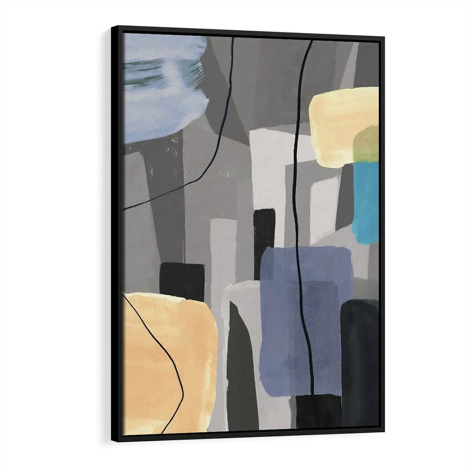 Obraz w ramie 70x100 - Harmonia w chaosie serca - abstrakcja na szarym tle, kolorowe plamy koloru - rama czarna