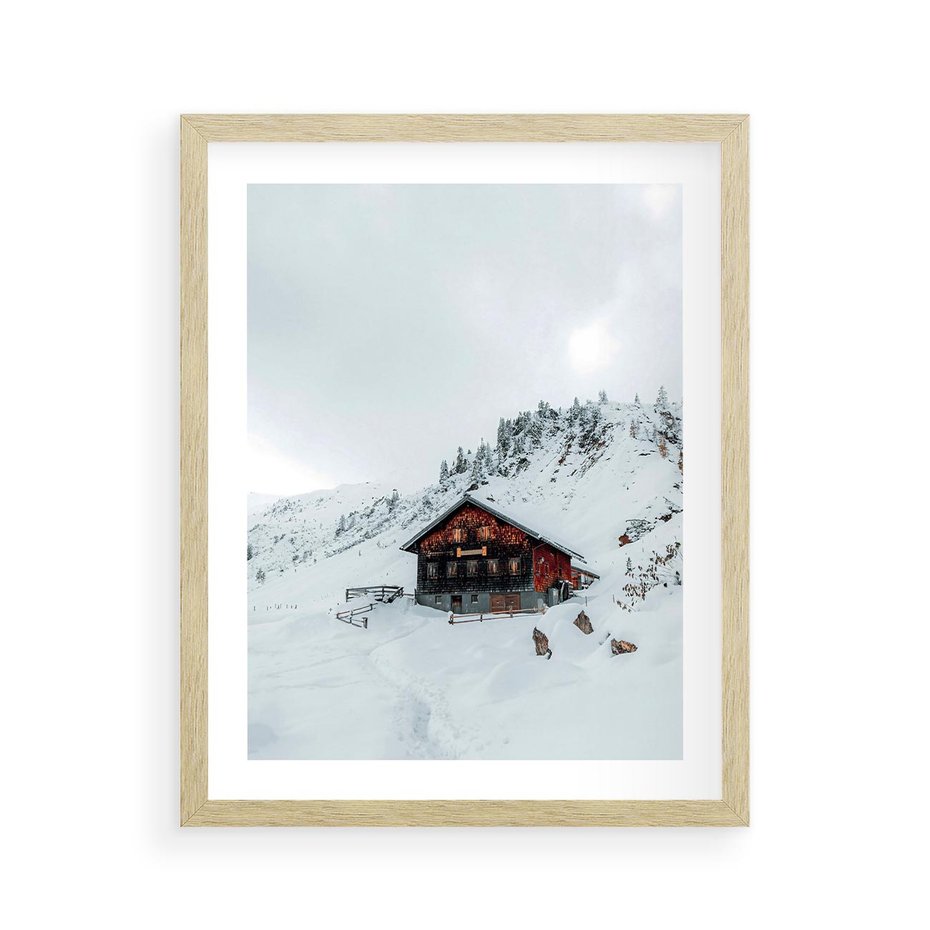 Plakat w ramie 40x50 - Zimowa Magia - domek, śnieg - rama drewno