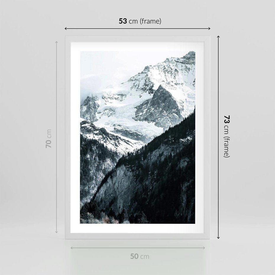 Plakat w ramie 50x70 - Góry w Zimowym Uścisku - góry, ośnieżone szczyty - rama biała