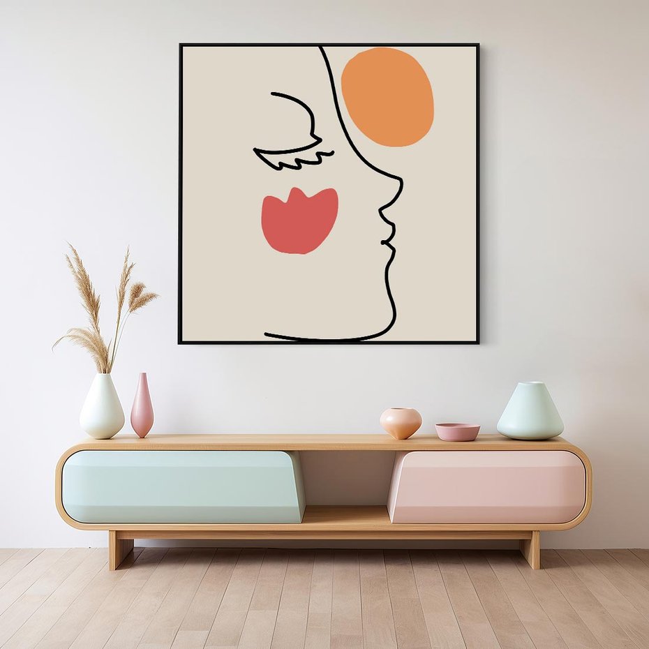 Obraz w ramie 50x50 - Taniec Przenikających Plam - abstrakcyjny obraz, przypomina twarz - rama czarna