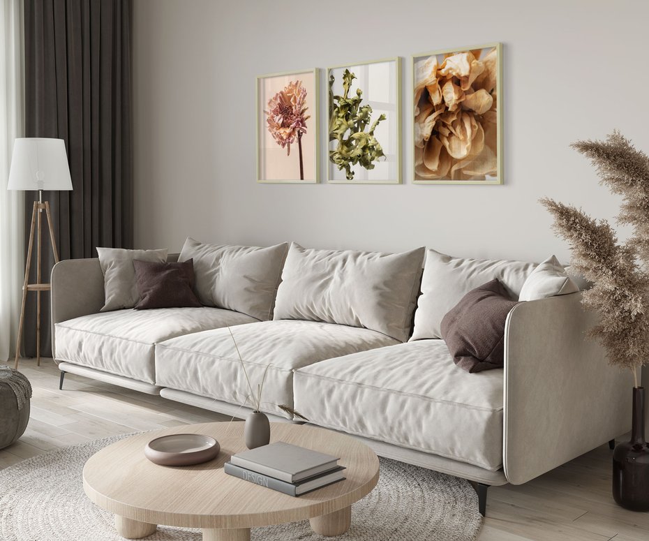 Zestaw obrazy w ramie 50x70 galeria - Suche, kwiaty, boho, minimalizm, płatki - rama drewno