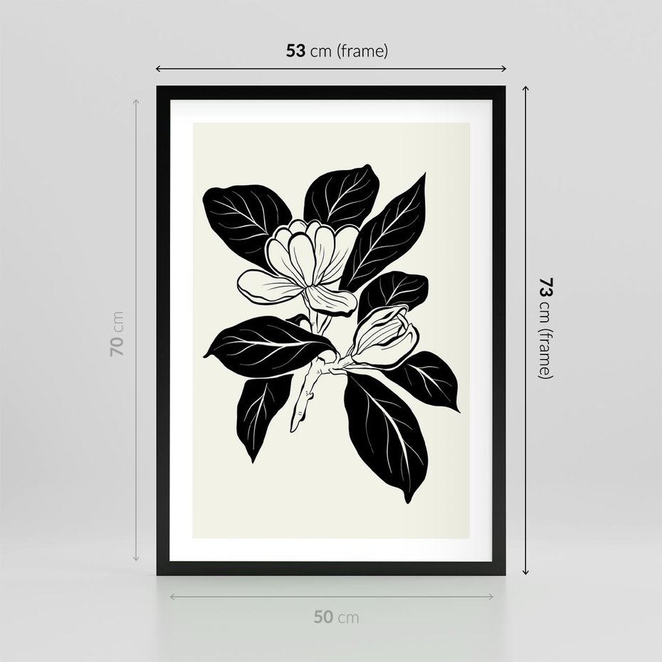 Plakat w ramie 50x70 - Spojrzenie w kształty kwiatów - kwiaty magnolii, minimalizm - rama czarna
