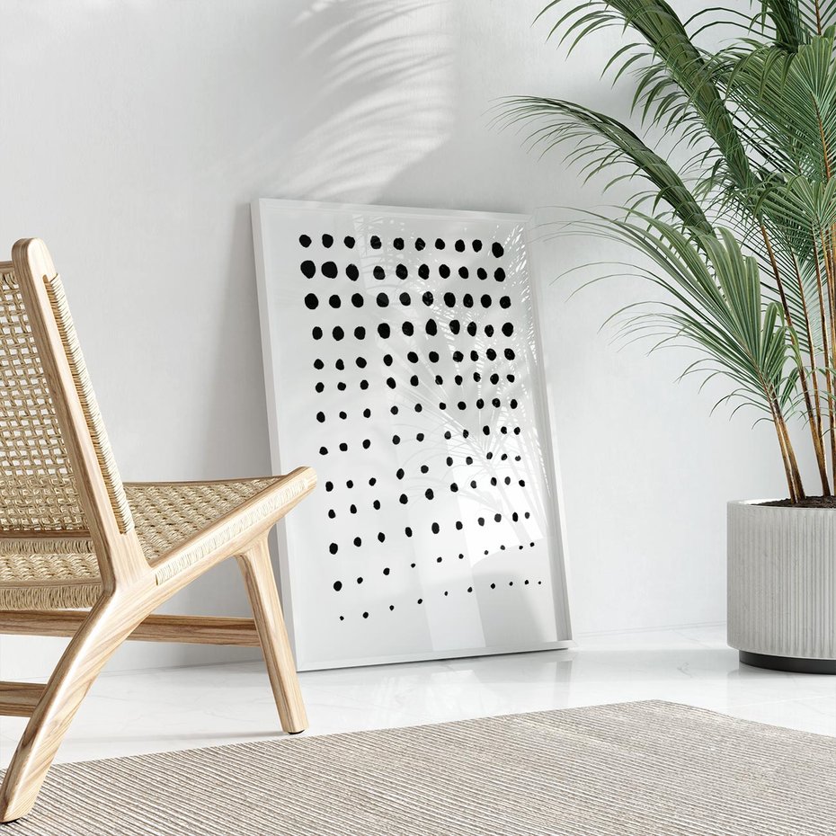 Plakat w ramie 50x70 - Abstrakcyjna Transformacja - abstrakcyjna kompozycja z czarnych kropek, minimalistyczny czarno bialy plakat - rama biała