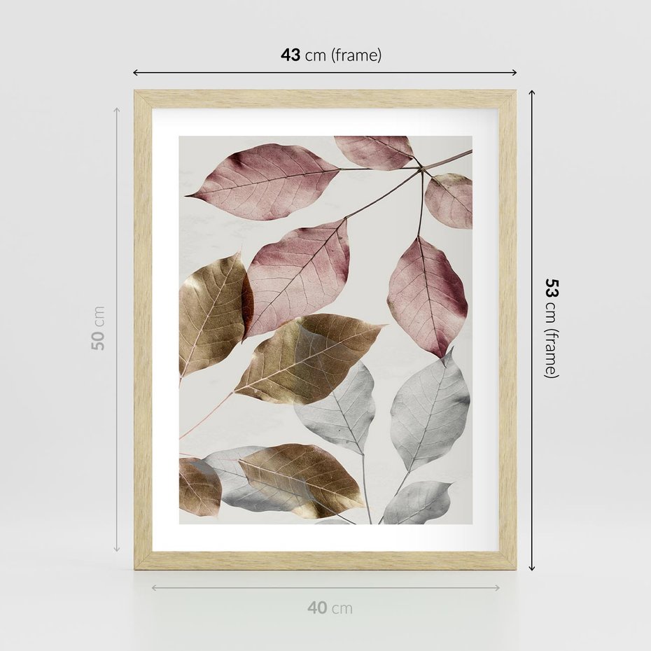 Plakat w ramie 40x50 - Pastelowe Liście z Nutką Złota - liście, pastelowe kolory - rama drewno
