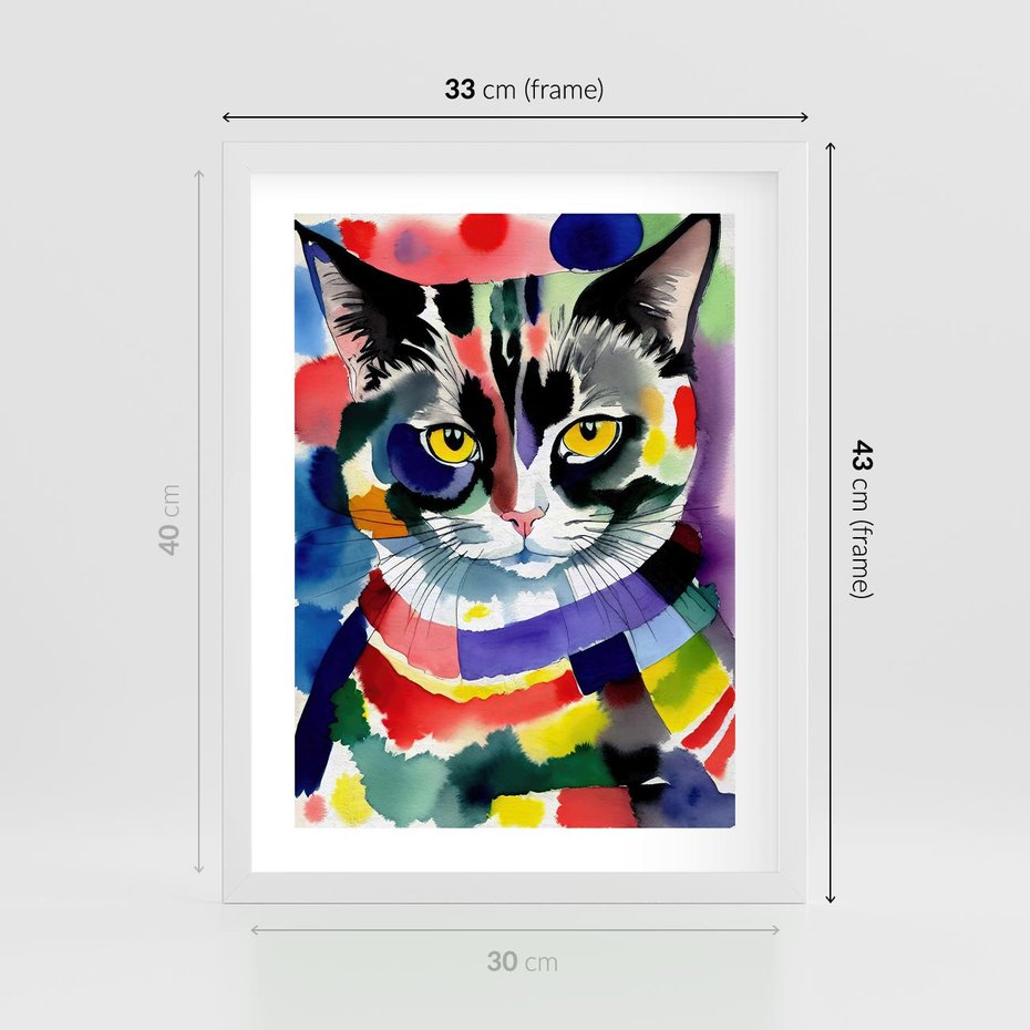 Plakat w ramie 30x40 - Koci Przyjaciel - abstrakcyjny obraz, akwarela - rama biała