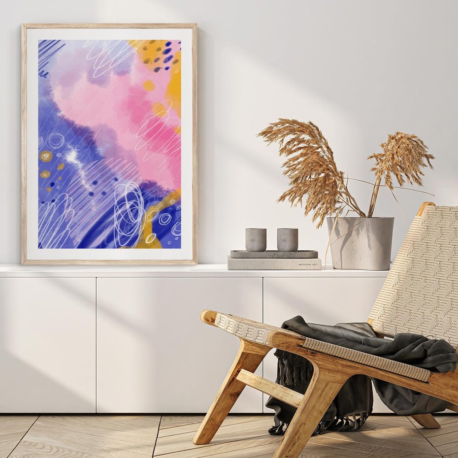 Plakat w ramie 30x40 - Migocące Granice Kształtów - abstrakcyjny plakat, pastelowe kolory - rama drewno