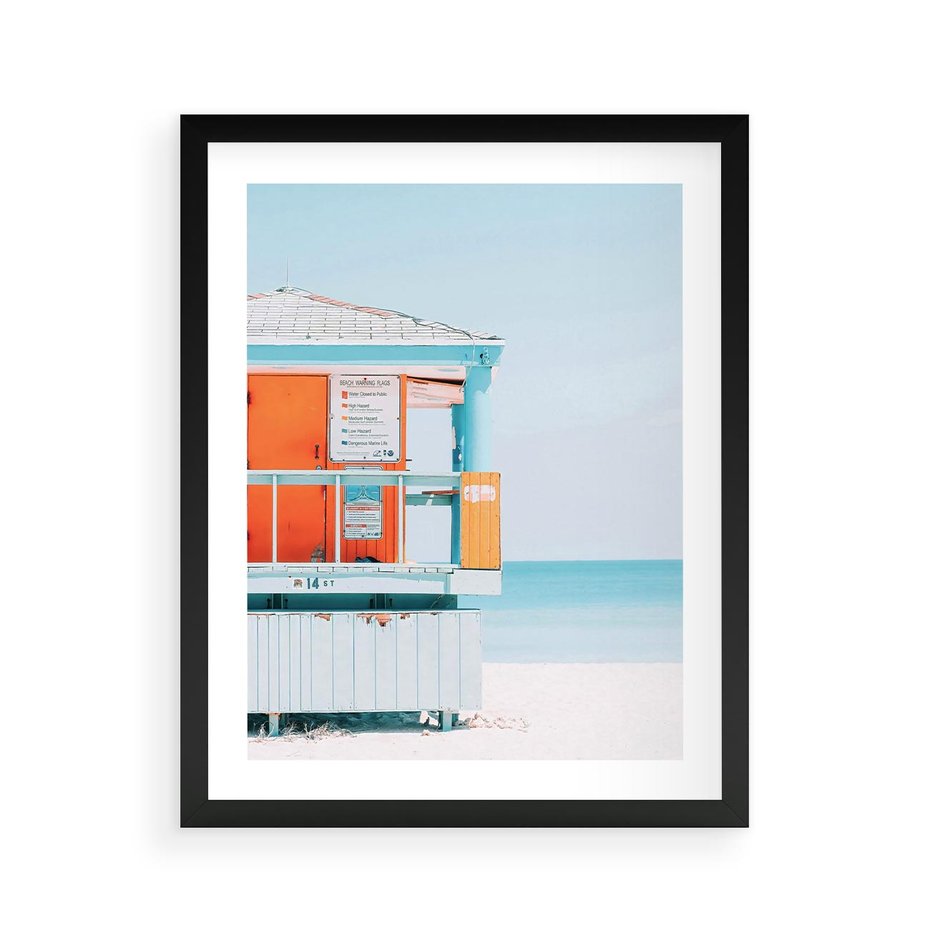 Plakat w ramie 40x50 - Letnia Idylla - plaża, domek na plaży - rama czarna