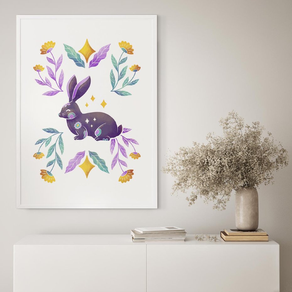 Plakat bez ramy 50x70 - Boho Wiatr - boho plakat, królik