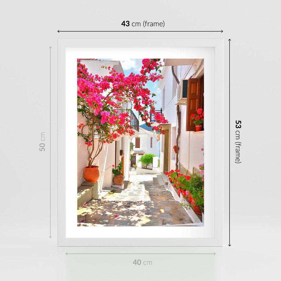Plakat w ramie 40x50 - Kwiatowa uliczka wakacji - kwiaty, uliczka - rama biała