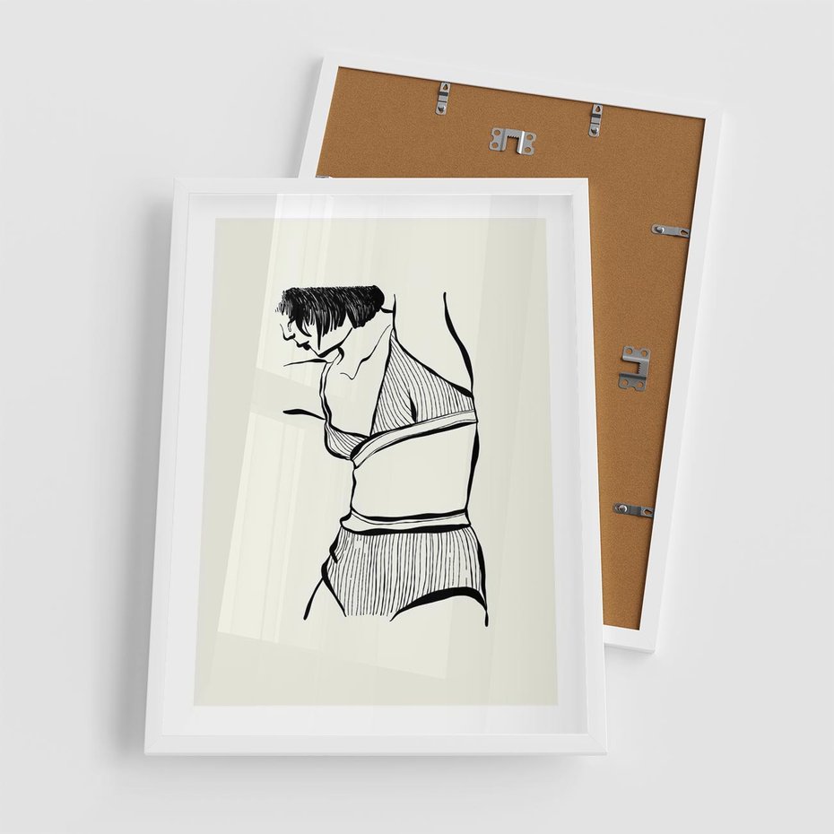 Plakat w ramie 50x70 - Minimalistyczny Urok - szkic, kobieta w bieliźnie - rama biała