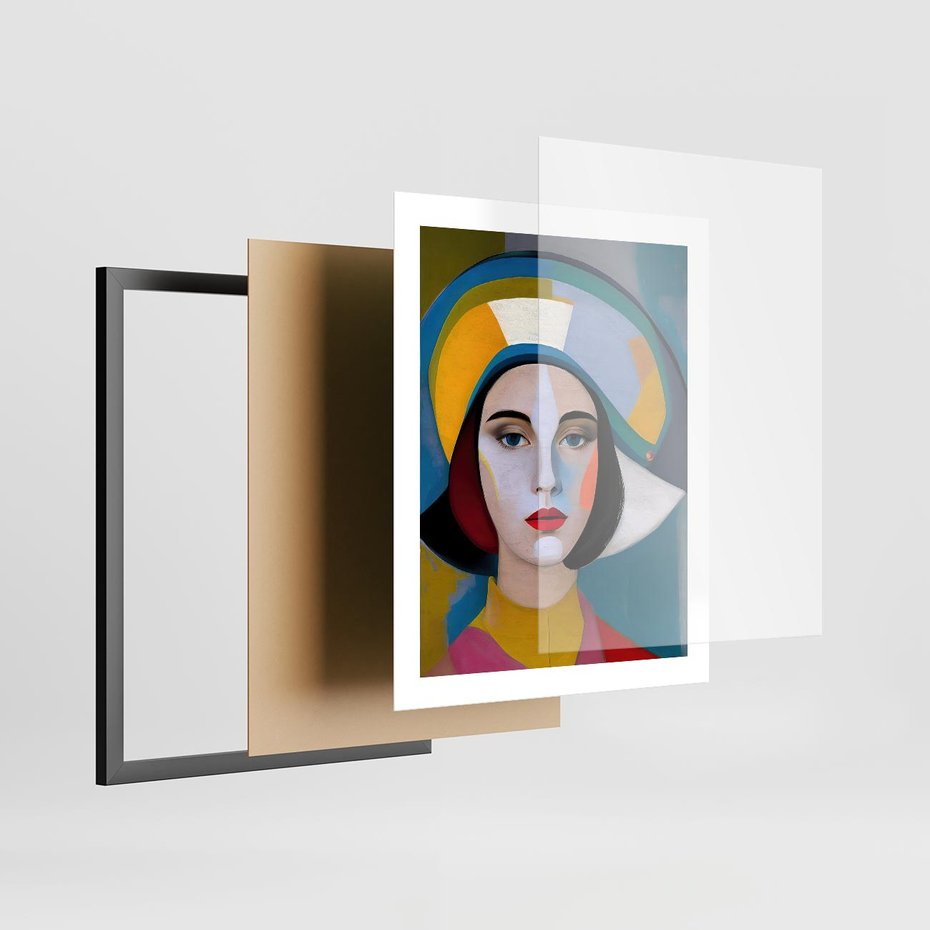 Plakat w ramie 40x50 - Kształtujące Widzenia - abstrakcyjny obraz olejny, portret twarzy kobiety - rama czarna