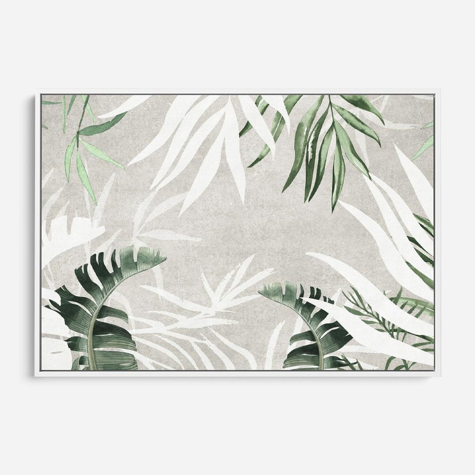 Obraz w ramie 70x50 - Zielony Raj - monstera, palmy - rama biała