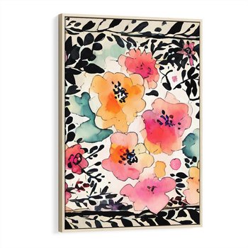 Obraz w ramie 70x100 - Opowieść w kroplach farb - akwarelowe kwiaty, mocna ornamentowa czarna ramka namalowana dookoła obrazu - rama drewno